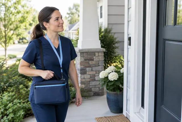 DNA collector carrying a sample case to a front door in a quiet neighborhood